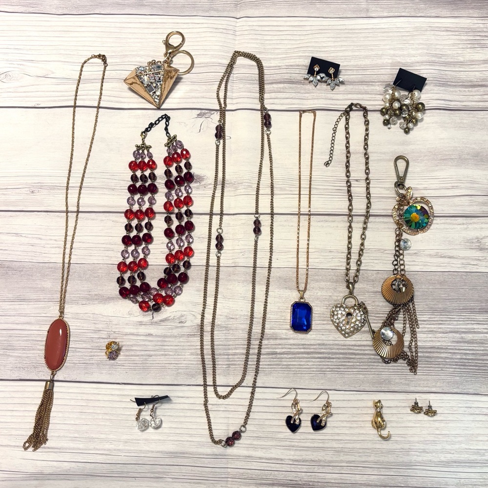 Colorful Gemstone and Gold Jewelry Lot of 14 Necklaces Bracelets Earrings Brooch